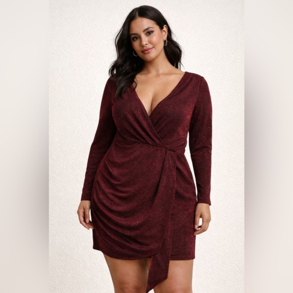 SHEIN Curve Burgundy Glitter Wrap Mini Dress 1XL